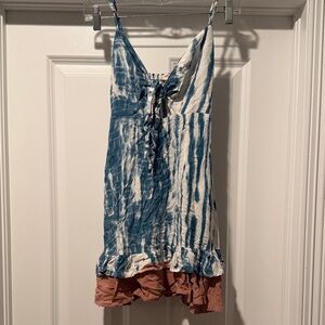 Ocean Drive Blue, Blush Pink and White Tie Dye Dress with Ruffle Hem